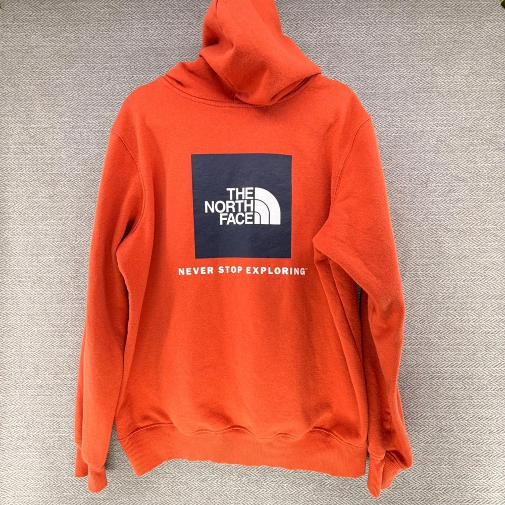 The North Face Mens Box Logo Hoodie Orange Never Stop Exploring Large Pullover
